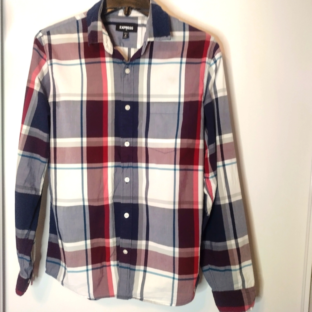EXPRESS Red White & Blue Long Sleeved Plaid shirt size M